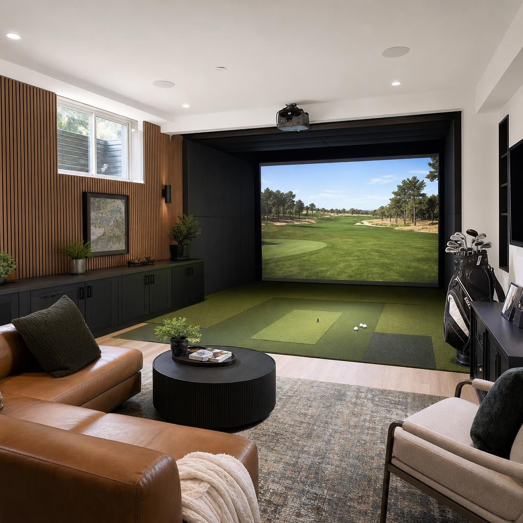Daylight basement golf simulator room