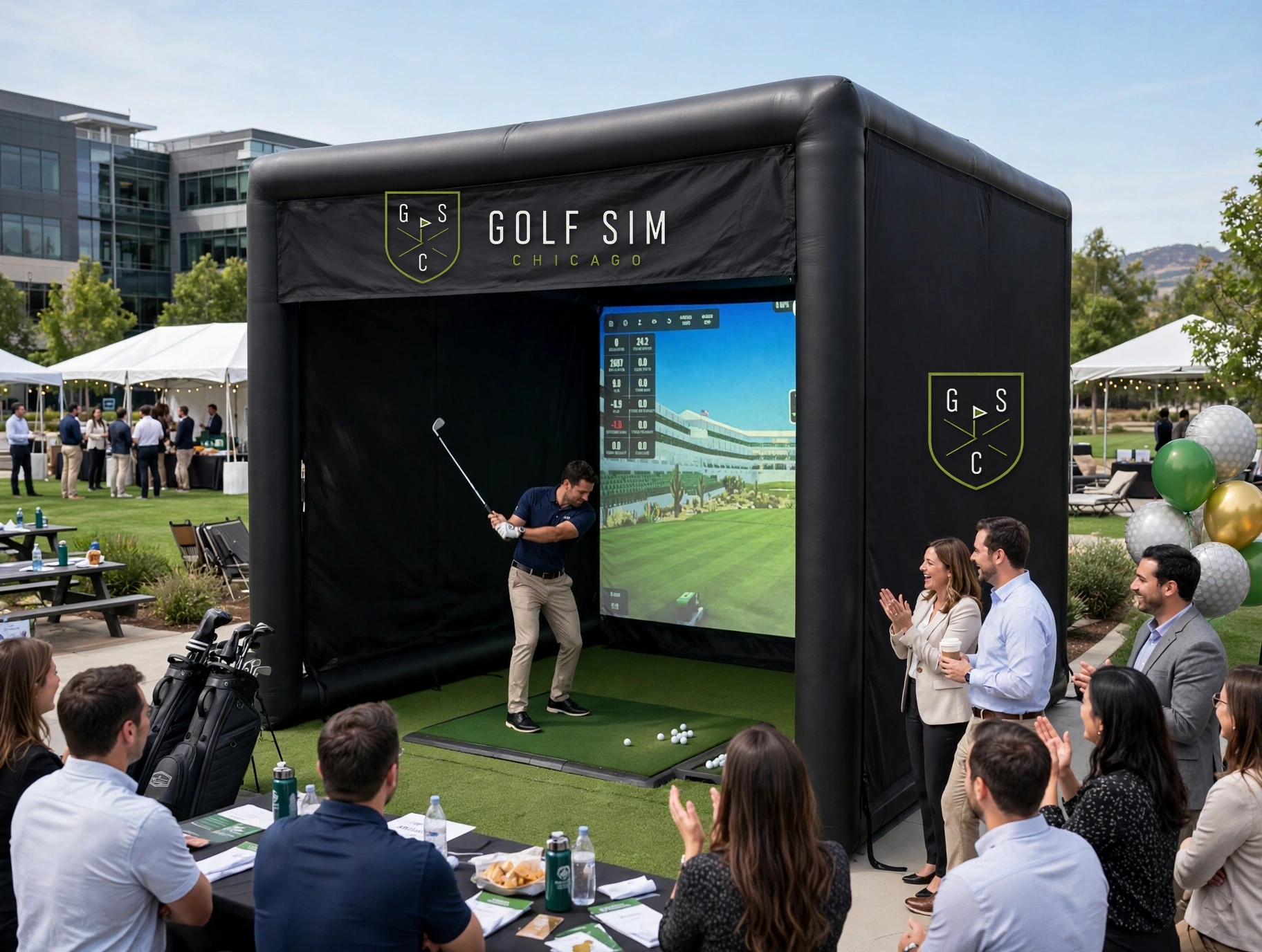 Illustrative daytime event with guests watching someone use a portable golf simulator