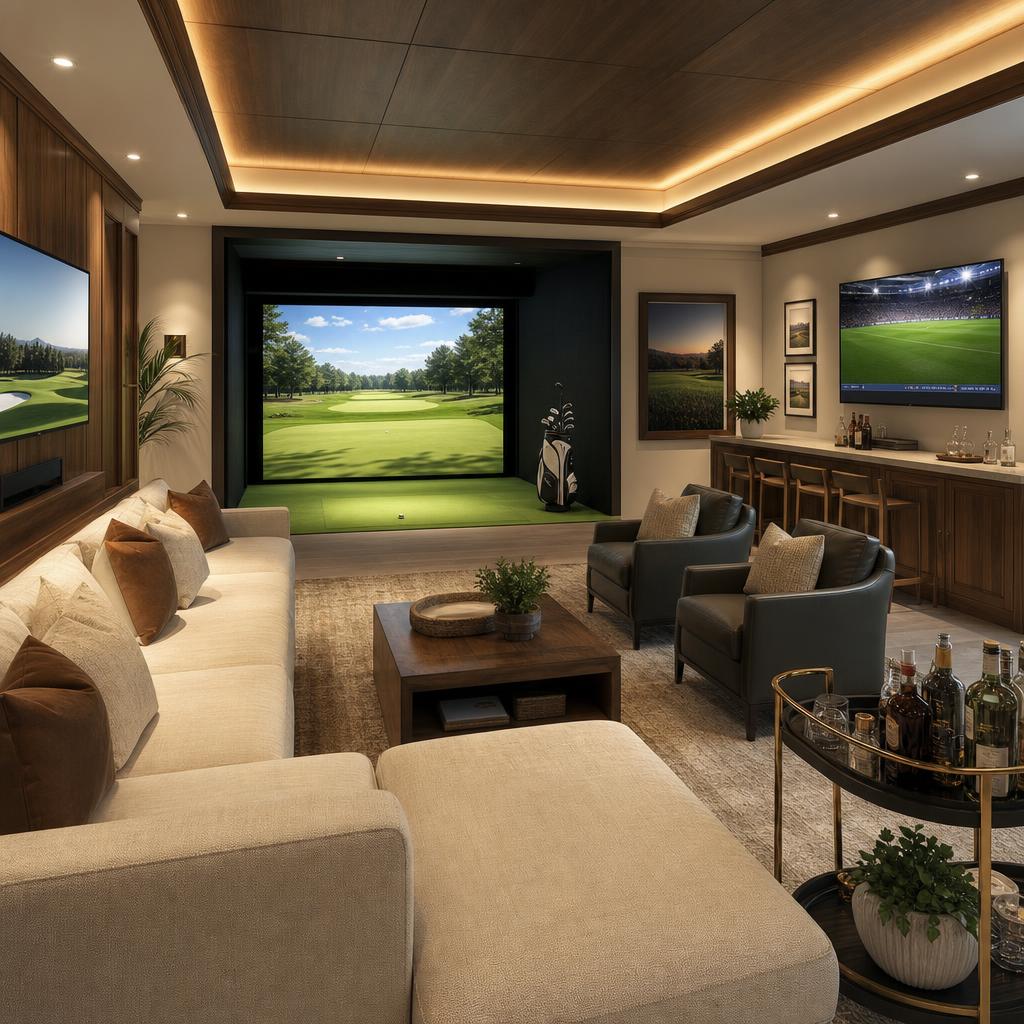 Golf simulator sports lounge with seating